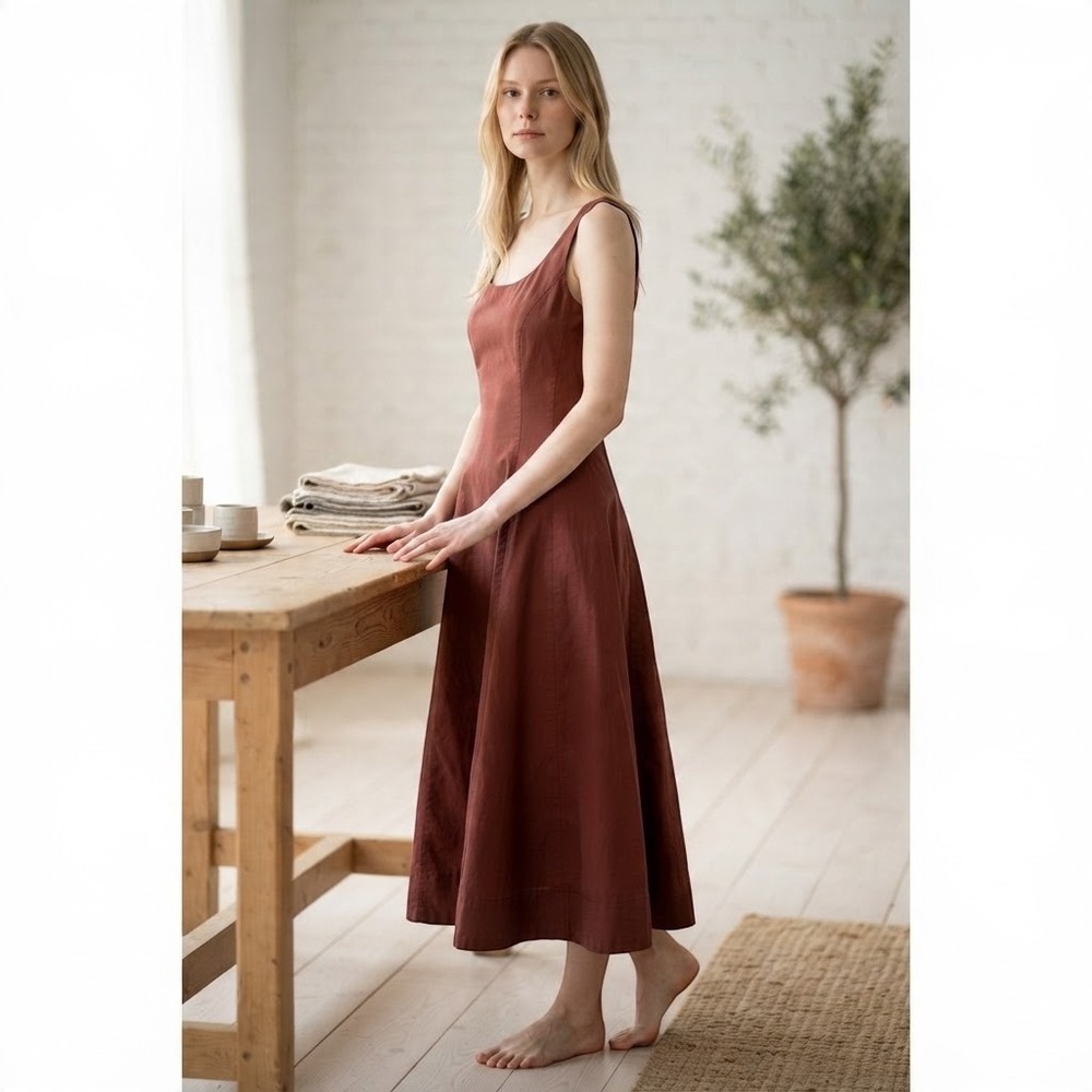 Mustard Seed Mauve Cotton A-Line Midi Dress Fitted Pockets S23952 Womens S